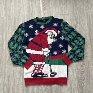 Christmas Holiday Santa Golf Argyle Snowflake Ugly Sweater Funny Quirky M